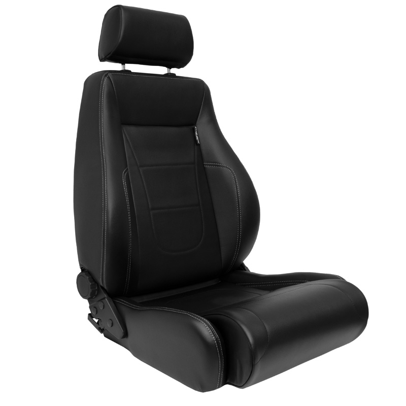 Sport seat 'Retro II' - Black Synthetic leather + Silver stitching - Dual-side reclinable back-rest - incl. slides