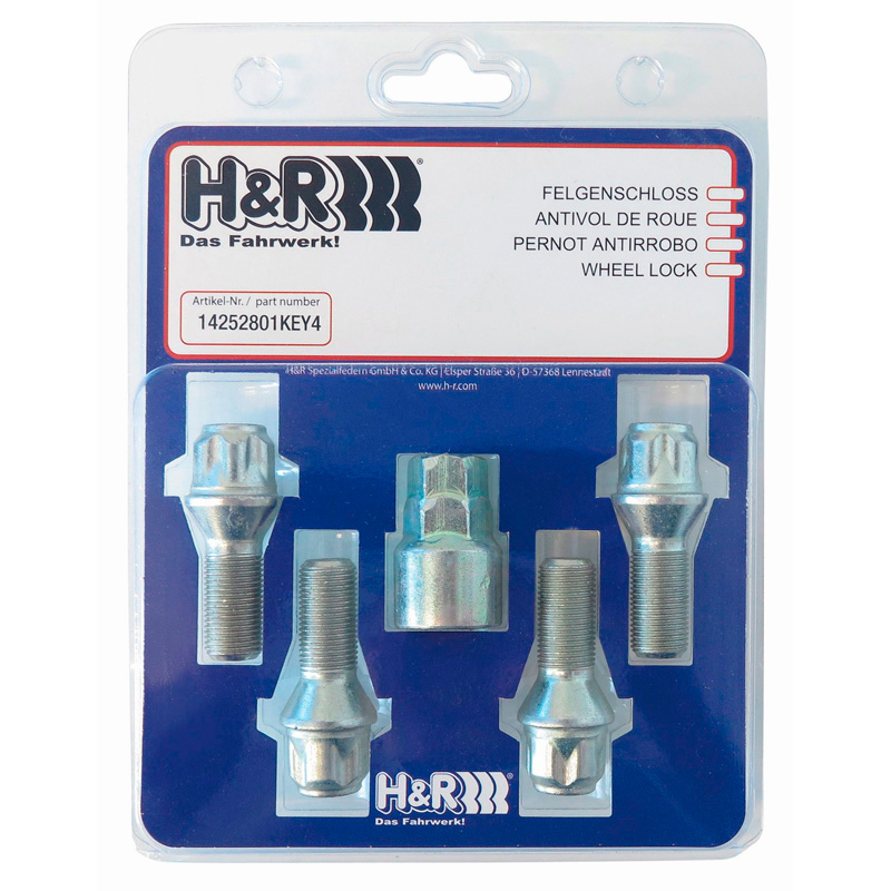 H&R Wheel lock set R14 M14x1.50x28mm Round-Head - 4 wheel lock bolts incl. adapter